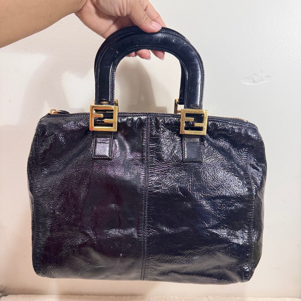 Vintage Fendi Women's Black Patent Leather FF Handle Handbag